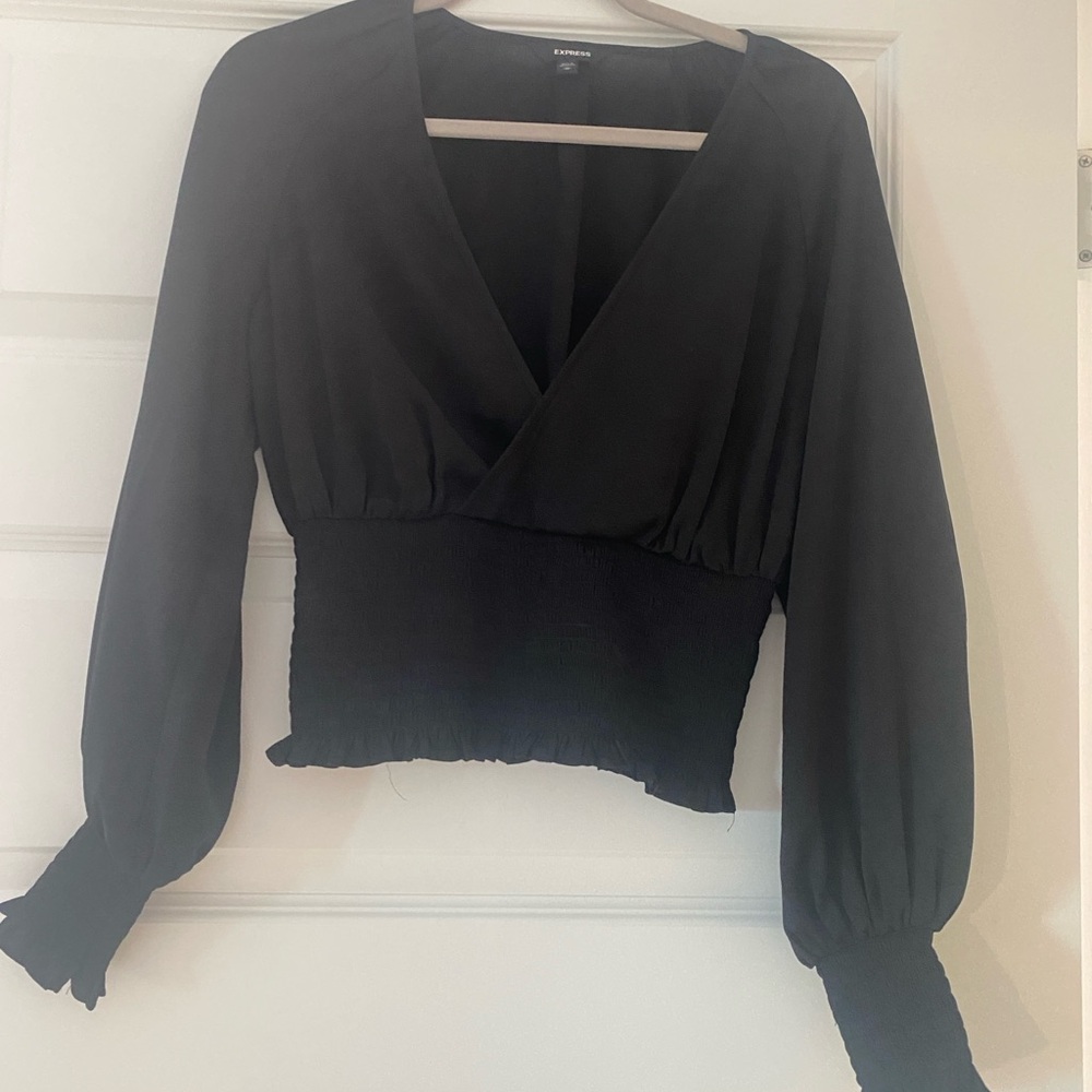 Express Women’s Black Wrap Blouse with Smocked waist - Medium